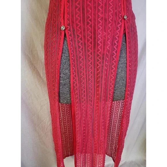 Vintage 80s 90s Red Mesh Geometric Double Slit Nightgown Lingerie Long Sheer M‎